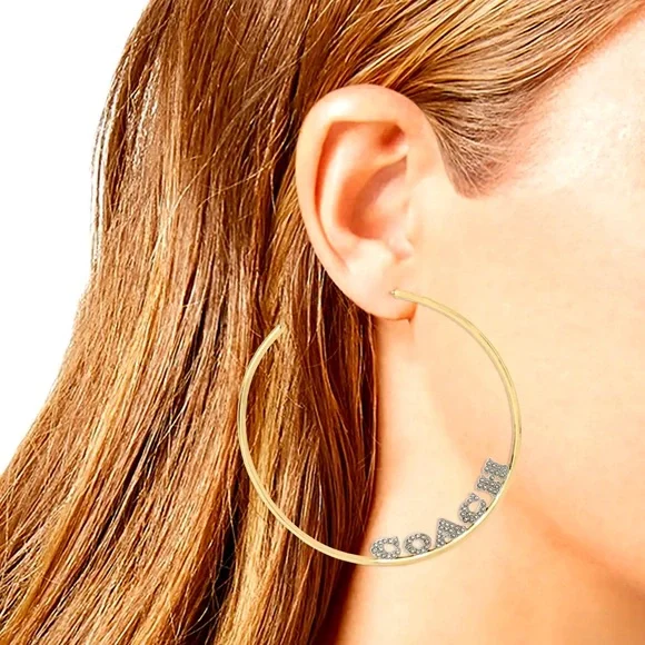 NWT COACH Gold Pave Large Logo Hoop Earrings - Picture 7 of 7